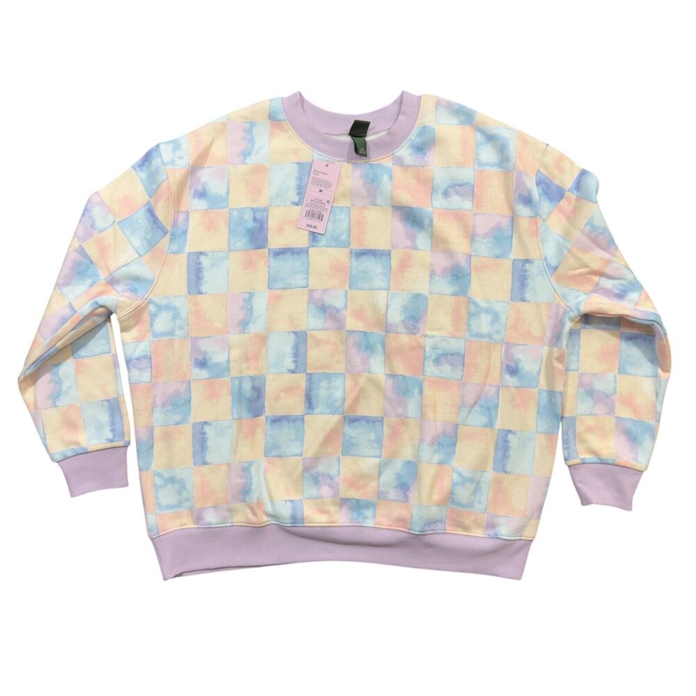Wild Fable Sweatshirt Women Medium Pink Blue Square Print Pastel Fleece Pullover